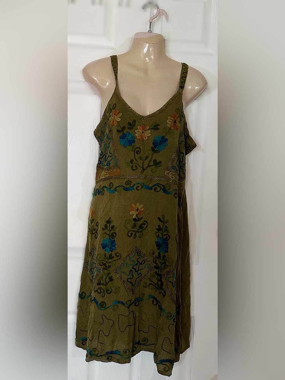 Olive Green Embroidered Floral Slip Dress